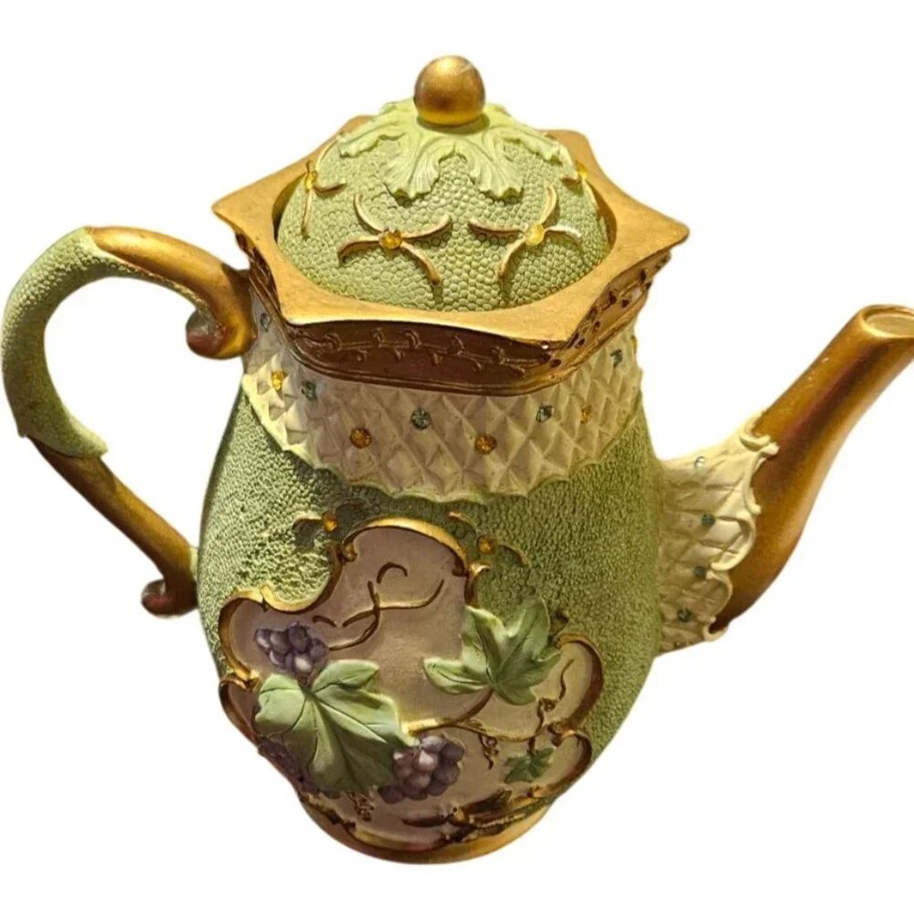 Tea Pot‎ Kitchen Creations Ceramic Grapes Basket & Green Teapot Candle Holder
